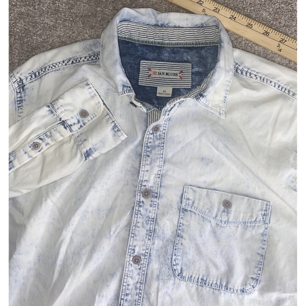 32 Bar Blues Acid Wash Denim Button Down Shirt Mens M Cotton Y2K Trendy Skater
